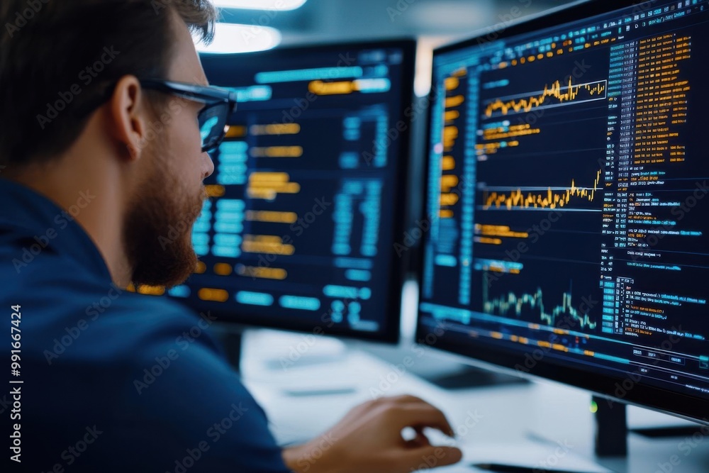 Programmer analyzing data on multiple screens in a modern office environment. Programmer analyzing data on multiple screens in a modern office environment.