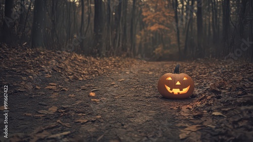 Spooky jack-o'-lantern on a leaf-covered forest path during autumn. Perfect for Halloween themes and eerie ambiance. photo