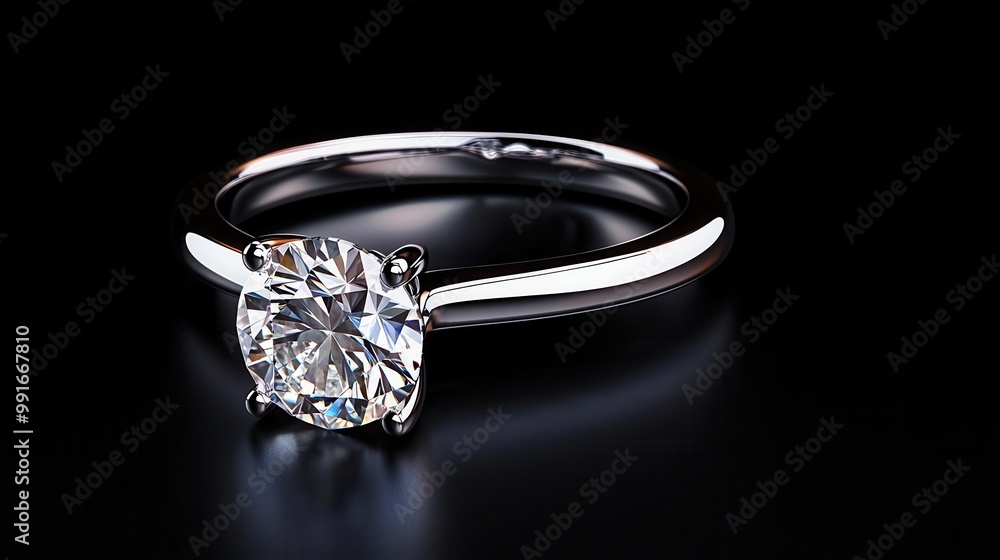 Isolated solitaire diamond ring with a thin band, sparkling against a black surface, solitaire ring, classic beauty Isolated solitaire diamond ring with a thin band, sparkling against a black surface, solitaire ring, classic beauty