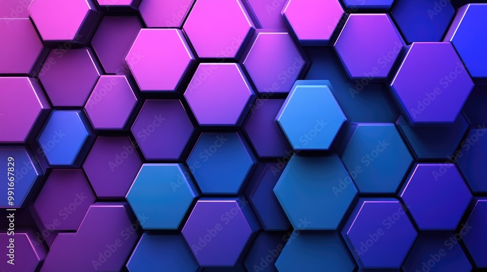 An abstract geometric background with hexagons in shades of blue and purple, blending in a soft gradient, creating a futuristic, minimalist design An abstract geometric background with hexagons in shades of blue and purple, blending in a soft gradient, creating a futuristic, minimalist design