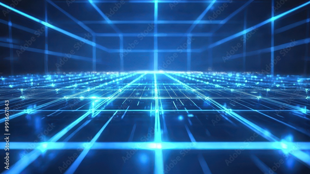 Obraz premium Holographic background with sharp blue beams of light intersecting over a tech-driven digital grid, creating a futuristic atmosphere.
