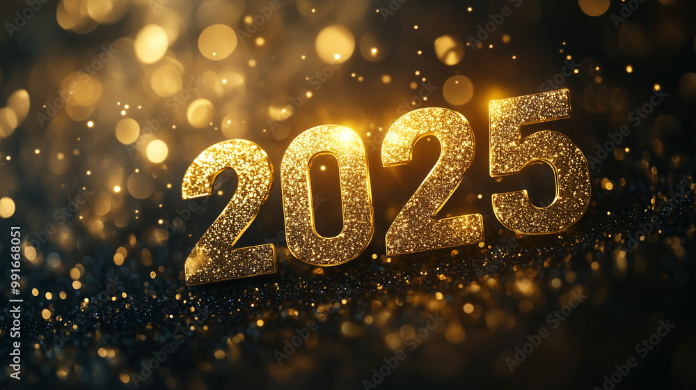 2025 Golden Numbers with Glitter on Black Background, Festive New Year Celebration 2025 Golden Numbers with Glitter on Black Background, Festive New Year Celebration