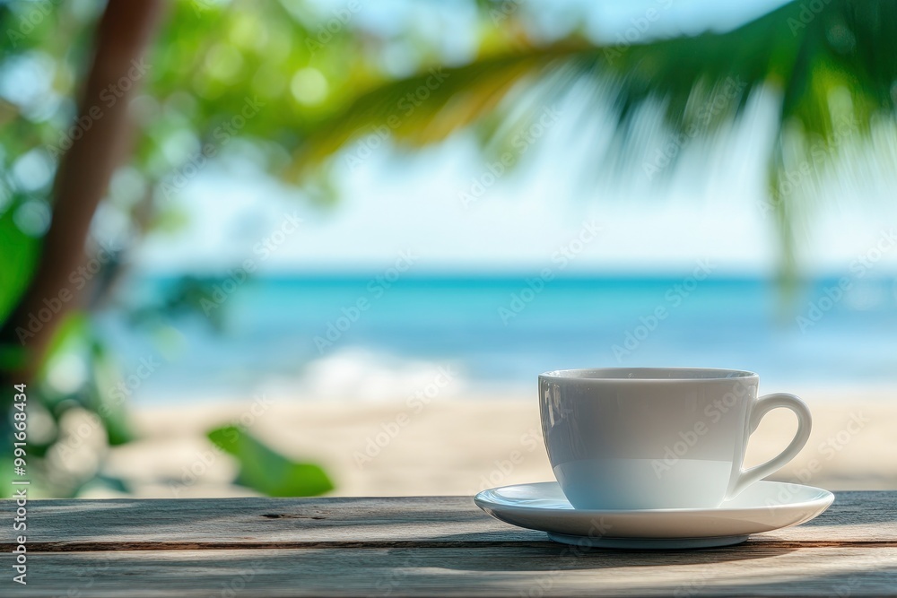 Coffee cup on the wooden table with blur beach background. A white coffee cup with saucer is placed on a table with the beach and ocean in the blurred background, with generative ai Coffee cup on the wooden table with blur beach background. A white coffee cup with saucer is placed on a table with the beach and ocean in the blurred background, with generative ai