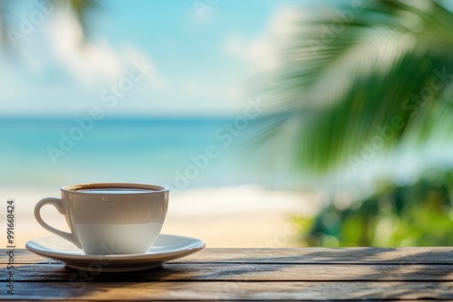 Coffee cup on the wooden table with blur beach background. A white coffee cup with saucer is placed on a table with the beach and ocean in the blurred background, with generative ai