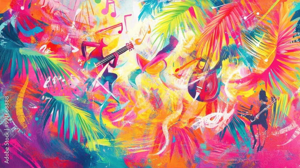 Bright, swirling palm leaves and music notes in an explosion of color, with abstract dancers and instruments adding a festive touch to the carnival-inspired background Bright, swirling palm leaves and music notes in an explosion of color, with abstract dancers and instruments adding a festive touch to the carnival-inspired background