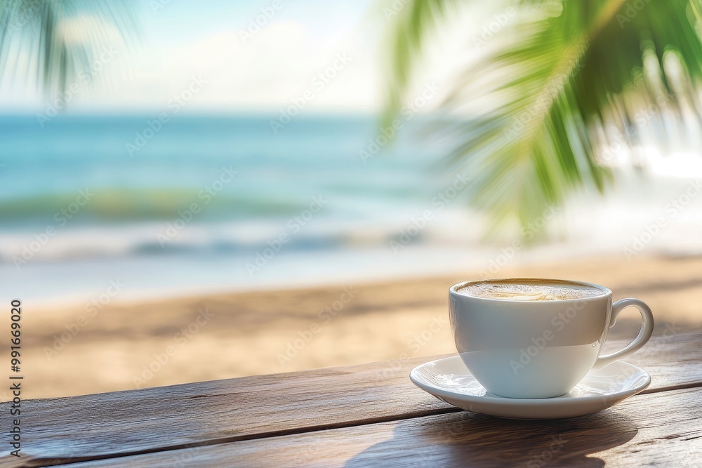 Coffee cup on the wooden table with blur beach background. A white coffee cup with saucer is placed on a table with the beach and ocean in the blurred background, with generative ai Coffee cup on the wooden table with blur beach background. A white coffee cup with saucer is placed on a table with the beach and ocean in the blurred background, with generative ai