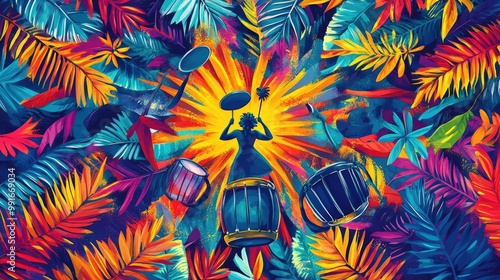 Colorful palm tree leaves arranged in a circular pattern, surrounded by abstract music symbols, drums, and dancers in motion, capturing the energy of a tropical carnival