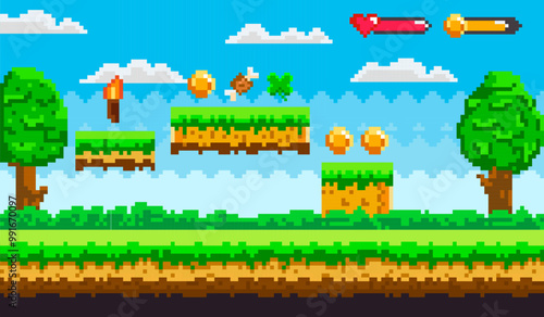 Pixel art landscape contains floating platforms with coins, items like a torch, and health indicators. Ideal for retro gaming, platform design, game asset creation, game development, nostalgic