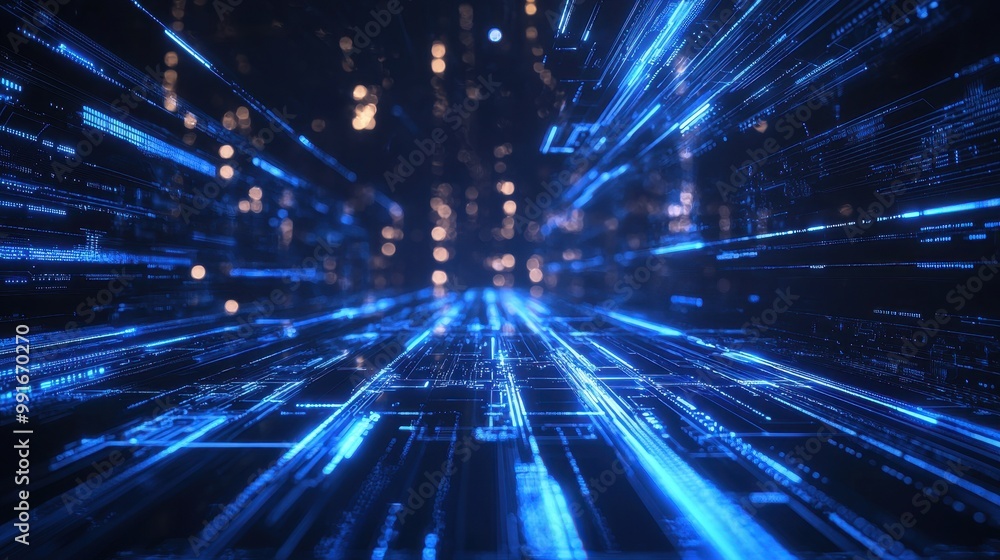 Holographic background with sleek blue beams of light flowing across a digital grid filled with futuristic tech symbols. Holographic background with sleek blue beams of light flowing across a digital grid filled with futuristic tech symbols.