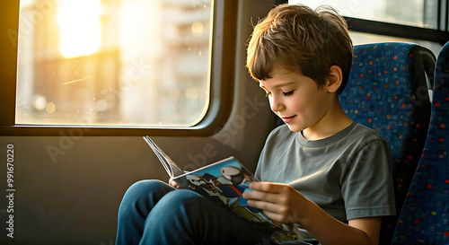 Junge Heranwachsender sitzt lächelnd in Bus öffentlichen Personennahverkehr S-Bahn U-Bahn und liest lächelnd in einem Comic Kinderbuch hält offenes Buch in Händen warmes Licht Sonnenstrahlen