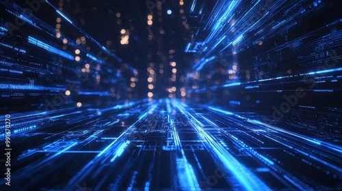 Wallpaper Mural Holographic background with sleek blue beams of light flowing across a digital grid filled with futuristic tech symbols. Torontodigital.ca