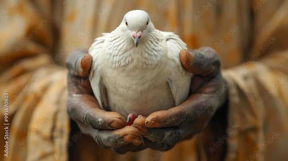 A white dove is held gently in the hands of a person. The dove looks directly at the camera A white dove is held gently in the hands of a person. The dove looks directly at the camera