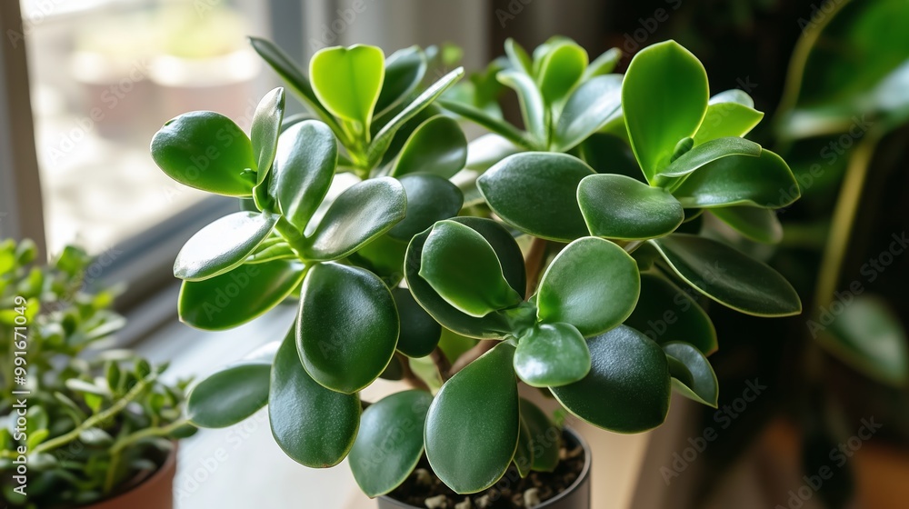 Obraz premium Indoor succulent plant thriving in bright sunlight by a window during the afternoon, surrounded by other greenery