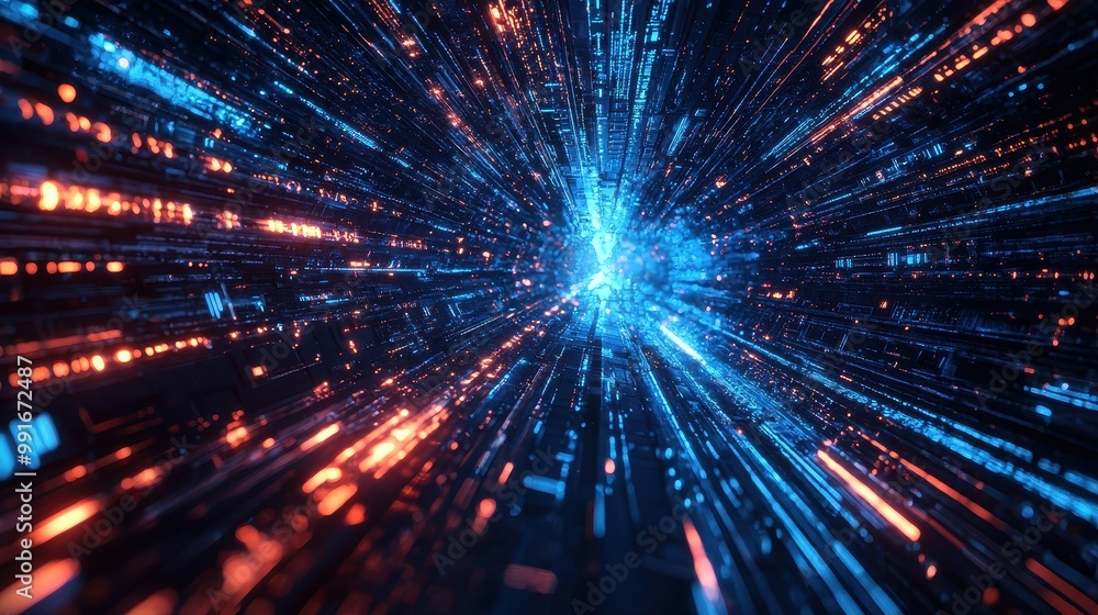 Naklejka premium Holographic background with vibrant blue beams of light traveling through a digital landscape of futuristic tech elements.