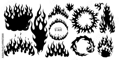 Set of silhouette flame and fire in vintage style. Hand drawn bonfire sketch. Vector clipart illustration. Line and Ink sketch. Vintage style. illustration on white background for element design. 
