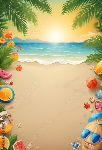 Tropical summer beach party background with palms, beach and sea