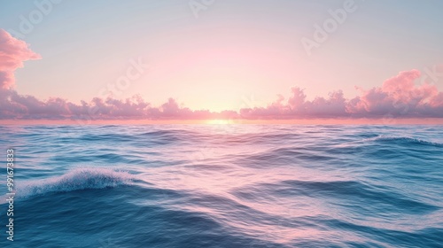 A calm, serene ocean with gentle waves at sunrise, the sky painted with soft hues of pink and blue, representing tranquility.