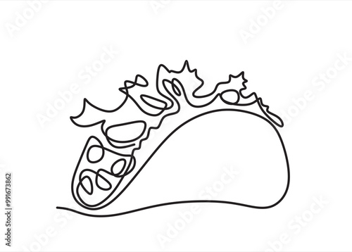 continuous single drawn one line taco hand-drawn picture silhouette. Mexican food tacos	
