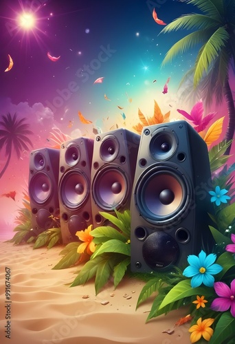 Music party background with colorful music speakers