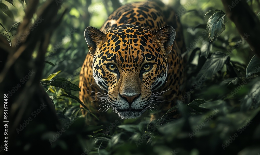 Fototapeta premium Jaguar's face peeking through foliage.