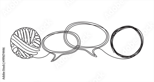 Continuous one line drawing of chaos and speech bubble. Metaphor of disorganized difficult problem, mess with black single continuous tangle thread in need of unraveling isolated on white	