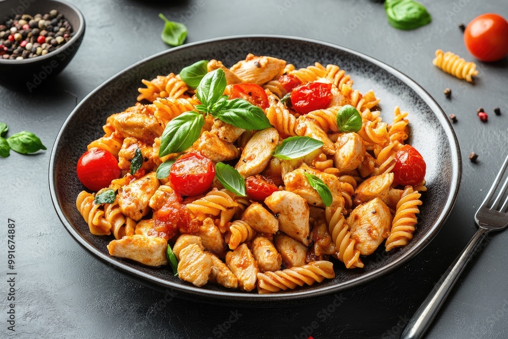 Chicken and pasta with tomato sauce. This photo is perfect for promoting a restaurant, cooking blog, or food delivery service. Chicken and pasta with tomato sauce. This photo is perfect for promoting a restaurant, cooking blog, or food delivery service.