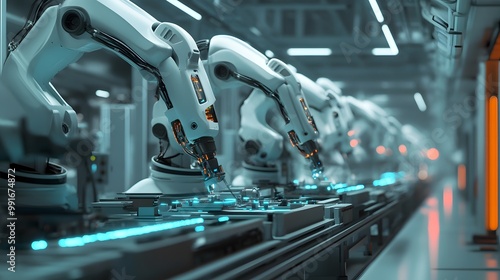 A hyper-modern factory where robotic arms equipped with laser sensors perform continuous quality checks.