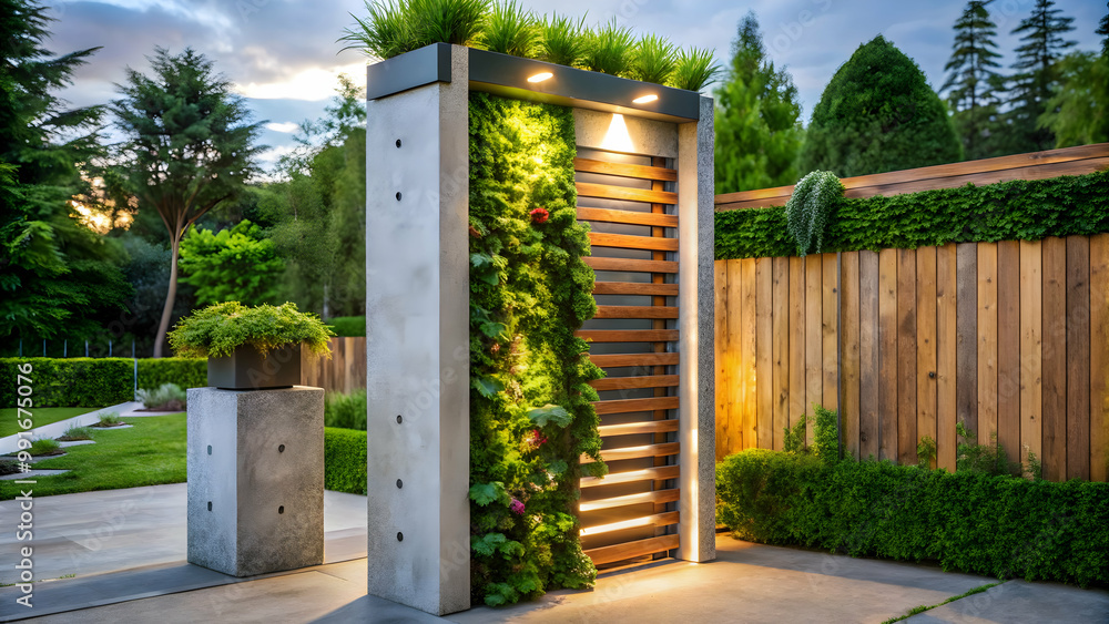 A serene garden entrance at dusk, showcasing an innovative blend of natural greenery and contemporary wooden design, accentuated by soft lighting.” A serene garden entrance at dusk, showcasing an innovative blend of natural greenery and contemporary wooden design, accentuated by soft lighting.”