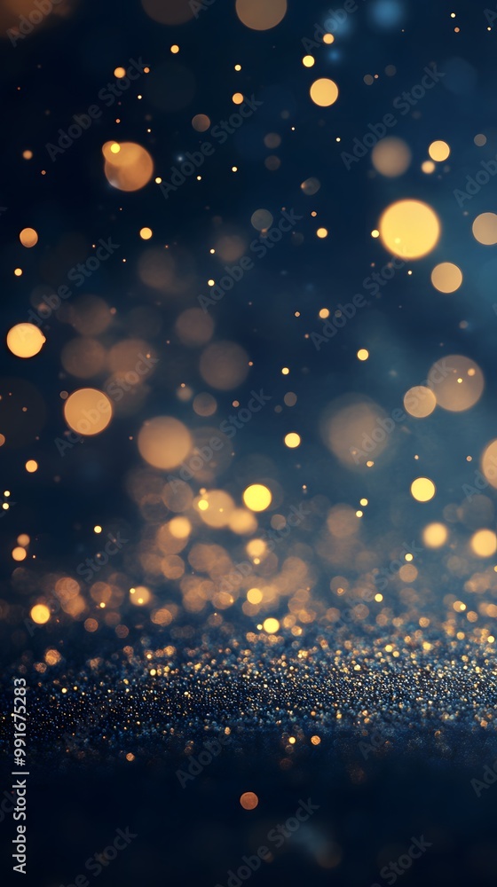 A dark blue background with golden glitter falling from the sky, bokeh light, creating an atmosphere of celebration and luxury A dark blue background with golden glitter falling from the sky, bokeh light, creating an atmosphere of celebration and luxury