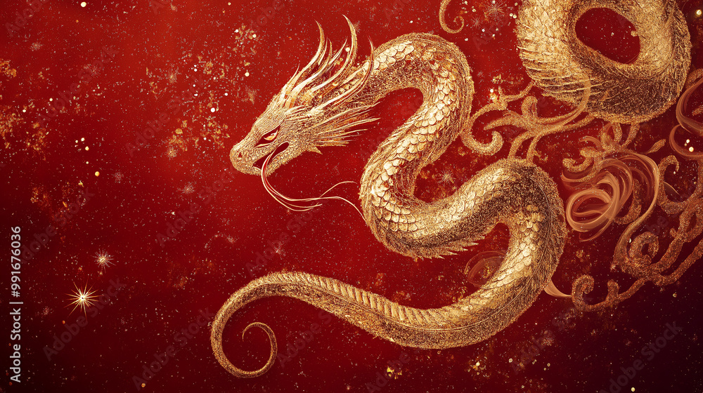 Obraz premium Golden Dragon on Red Background, Chinese New Year Celebration