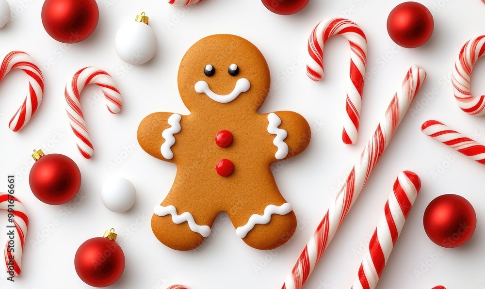 Festive Gingerbread Men and Candy Canes on White Background Festive Gingerbread Men and Candy Canes on White Background