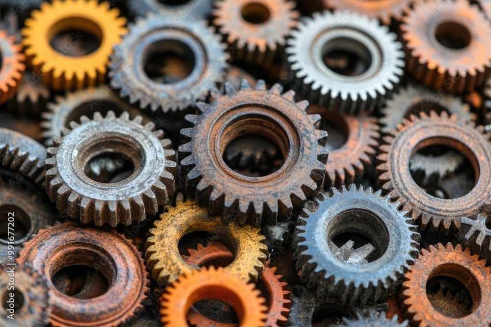 A close-up of many gears, rusty and worn. This image can be used for concepts of work, industry, or teamwork. A close-up of many gears, rusty and worn. This image can be used for concepts of work, industry, or teamwork.