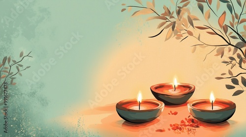 Diwali themed art.  Painted oil lamp, candlestick.  Symbol of Indian holiday.  Navratri photo