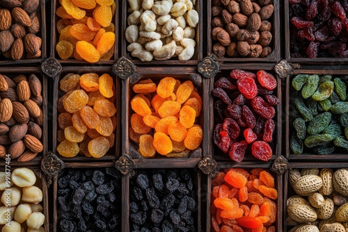 Assortment of dried fruits and nuts. Great image for a website promoting healthy snacks.