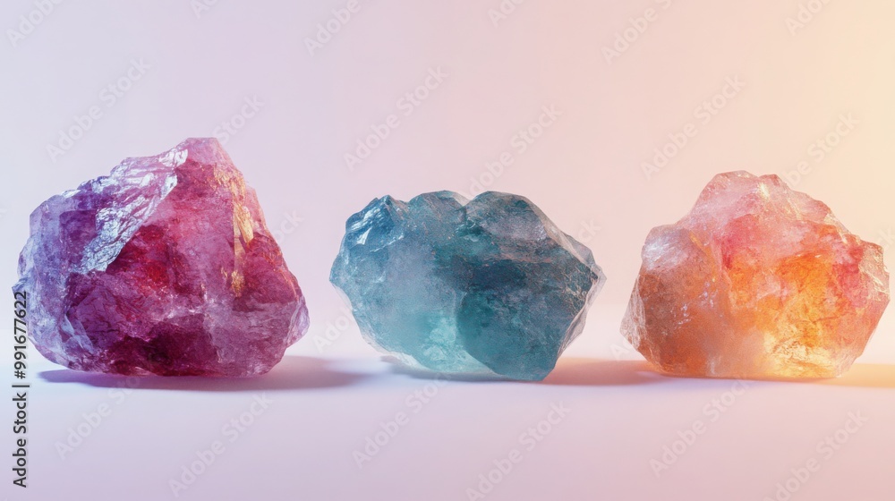 realistic photos of raw, uncut gemstones such as rubies, aquamarines, and opals, set on a clean realistic photos of raw, uncut gemstones such as rubies, aquamarines, and opals, set on a clean