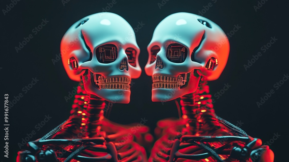 Two stylized skulls in a captivating red glow, symbolizing life and death. Ideal for exploring themes of mortality and the human condition. Two stylized skulls in a captivating red glow, symbolizing life and death. Ideal for exploring themes of mortality and the human condition.