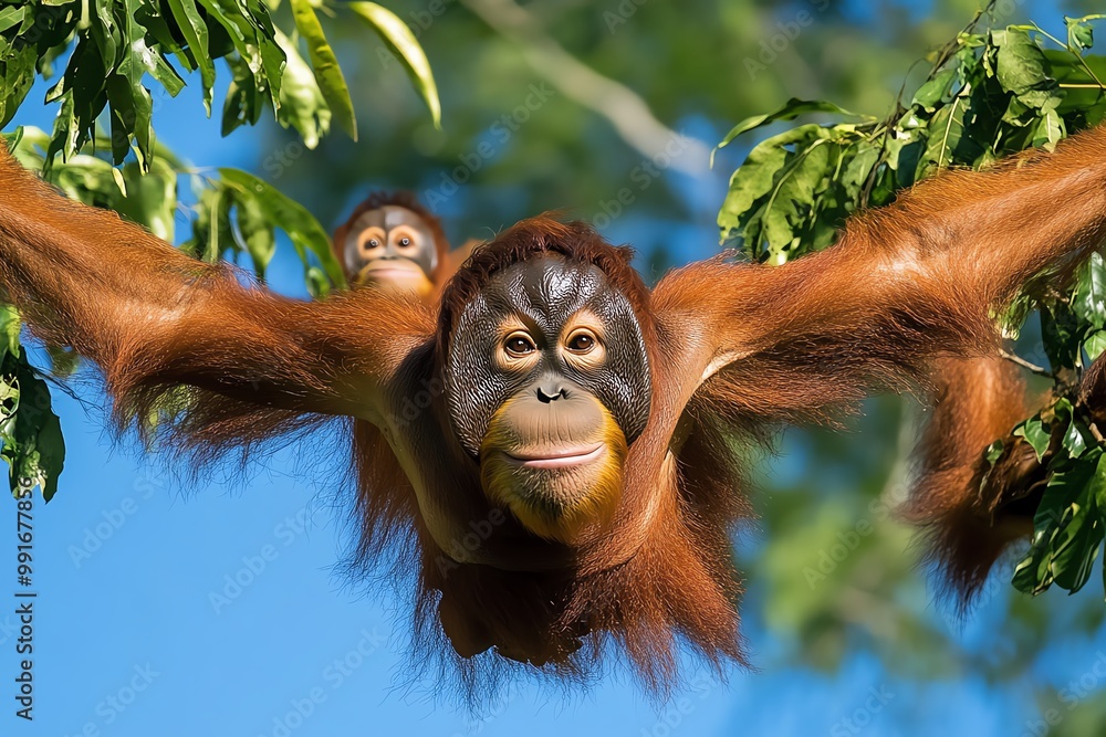 Obraz premium A family of orangutans swinging through the trees, using their long arms to move gracefully from branch to branch