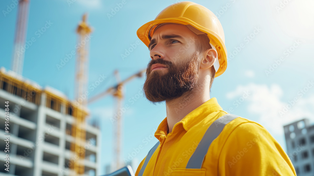 A focused construction supervisor reviews plans on a tablet at a building site A focused construction supervisor reviews plans on a tablet at a building site