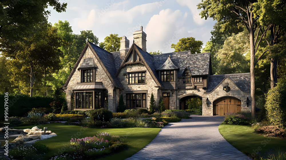A stone tudor style house with a long driveway and lush green landscaping. Tudor Architecture. Illustration A stone tudor style house with a long driveway and lush green landscaping. Tudor Architecture. Illustration