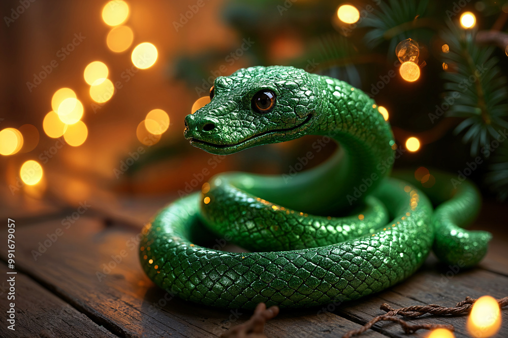 Vibrant green snake with a black tongue, coiled on a wooden surface adorned with Christmas lights and pine branches. Vibrant green snake with a black tongue, coiled on a wooden surface adorned with Christmas lights and pine branches.