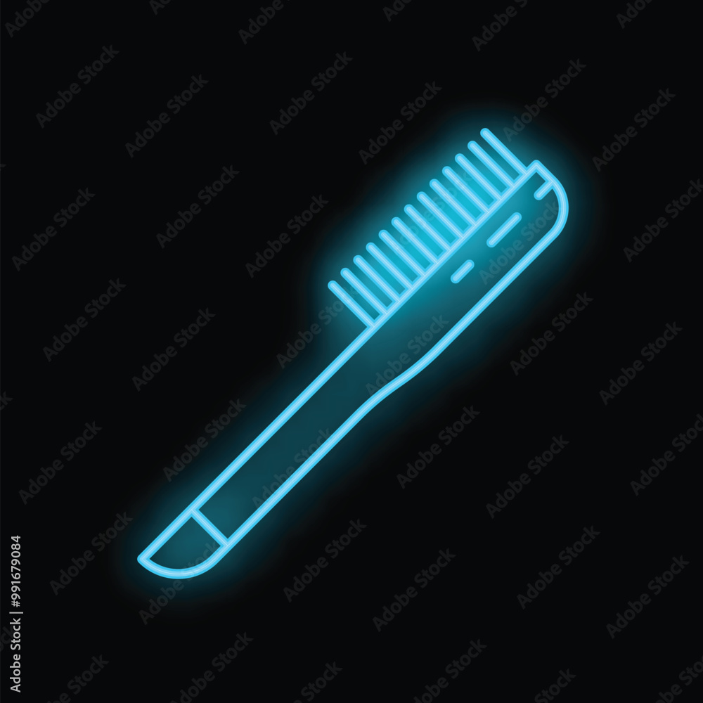Blue neon sign depicting a hair dyeing brush with a long handle, glowing on a black background Blue neon sign depicting a hair dyeing brush with a long handle, glowing on a black background