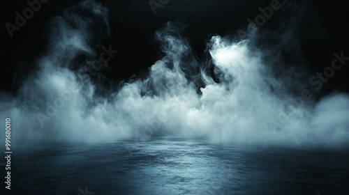 A captivating scene featuring a thick cloud of foggy smoke,, dark smoke on floor blue smoke moves on black background .