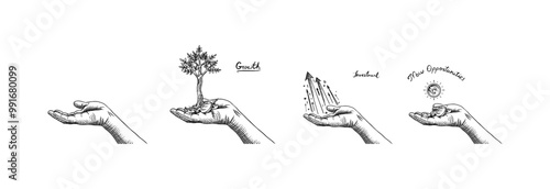 Open hand giving or receiving. Hologram of boosting arrows or graph chart. Vector clipart illustration. Teamwork, work efficiency, symbolizing startup. Line and Ink sketch. Hand drawn Vintage style. 