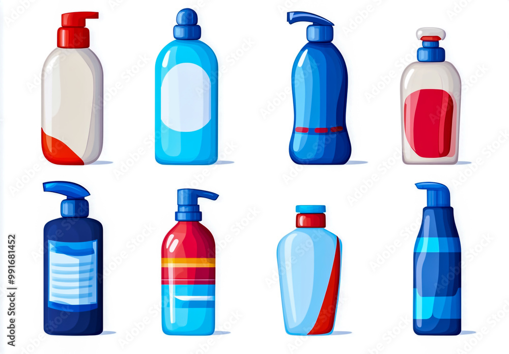 White background with various shampoo bottles in round and rectangular shapes. White background with various shampoo bottles in round and rectangular shapes.