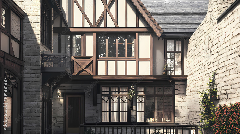 Fototapeta premium A detailed look at tudor and modern materials in a house extension. concept tudor architecture, modern extension, building materials, house renovation. Tudor Architecture. Illustration