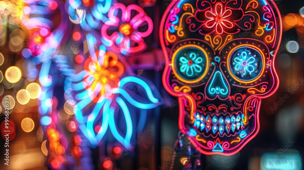 Fototapeta premium Day of The Dead sugar Neon Skull with floral ornament. Mexican skull.
