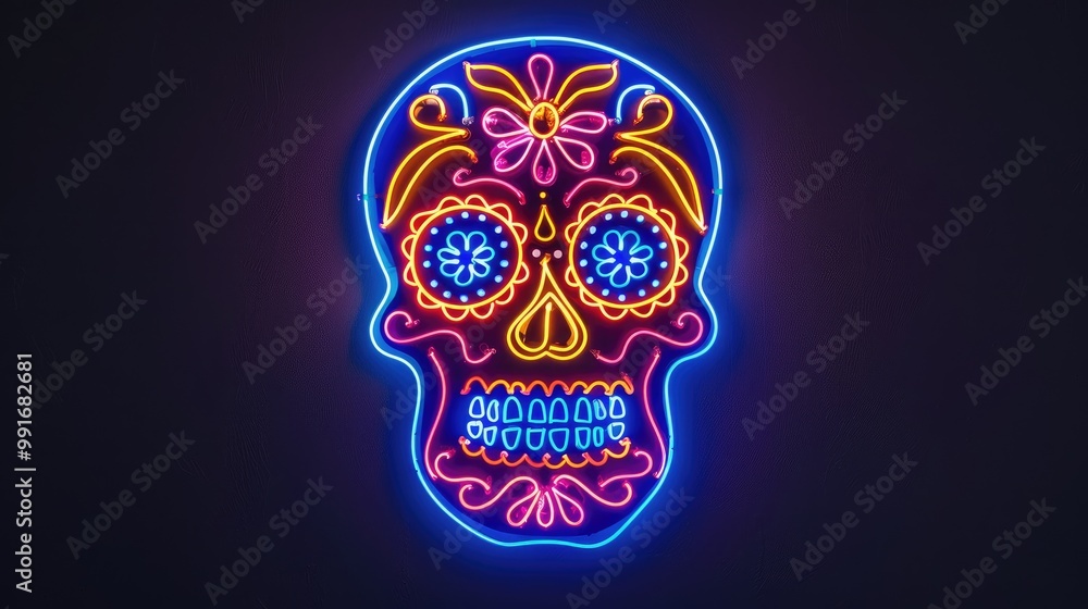 Day of The Dead sugar Neon Skull with floral ornament. Mexican skull. Day of The Dead sugar Neon Skull with floral ornament. Mexican skull.