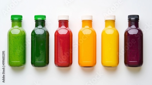 a set of clear glass bottles filled with colorful juices