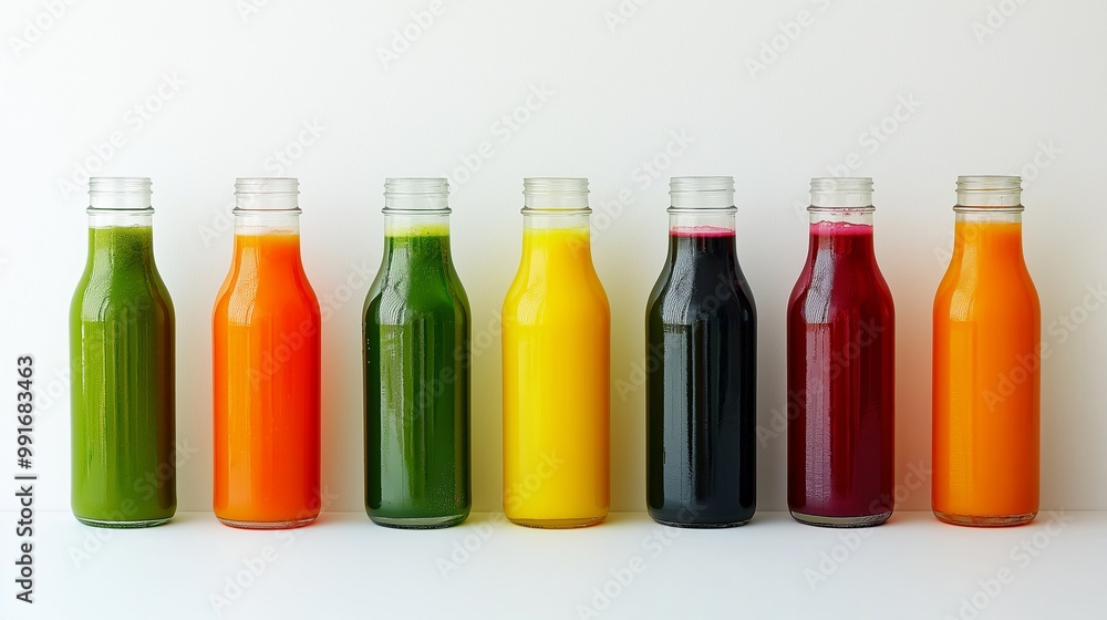 a set of clear glass bottles filled with colorful juices a set of clear glass bottles filled with colorful juices
