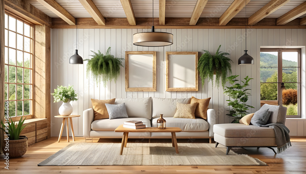 Mockup frame in farmhouse living room interior, 3d render Mockup frame in farmhouse living room interior, 3d render